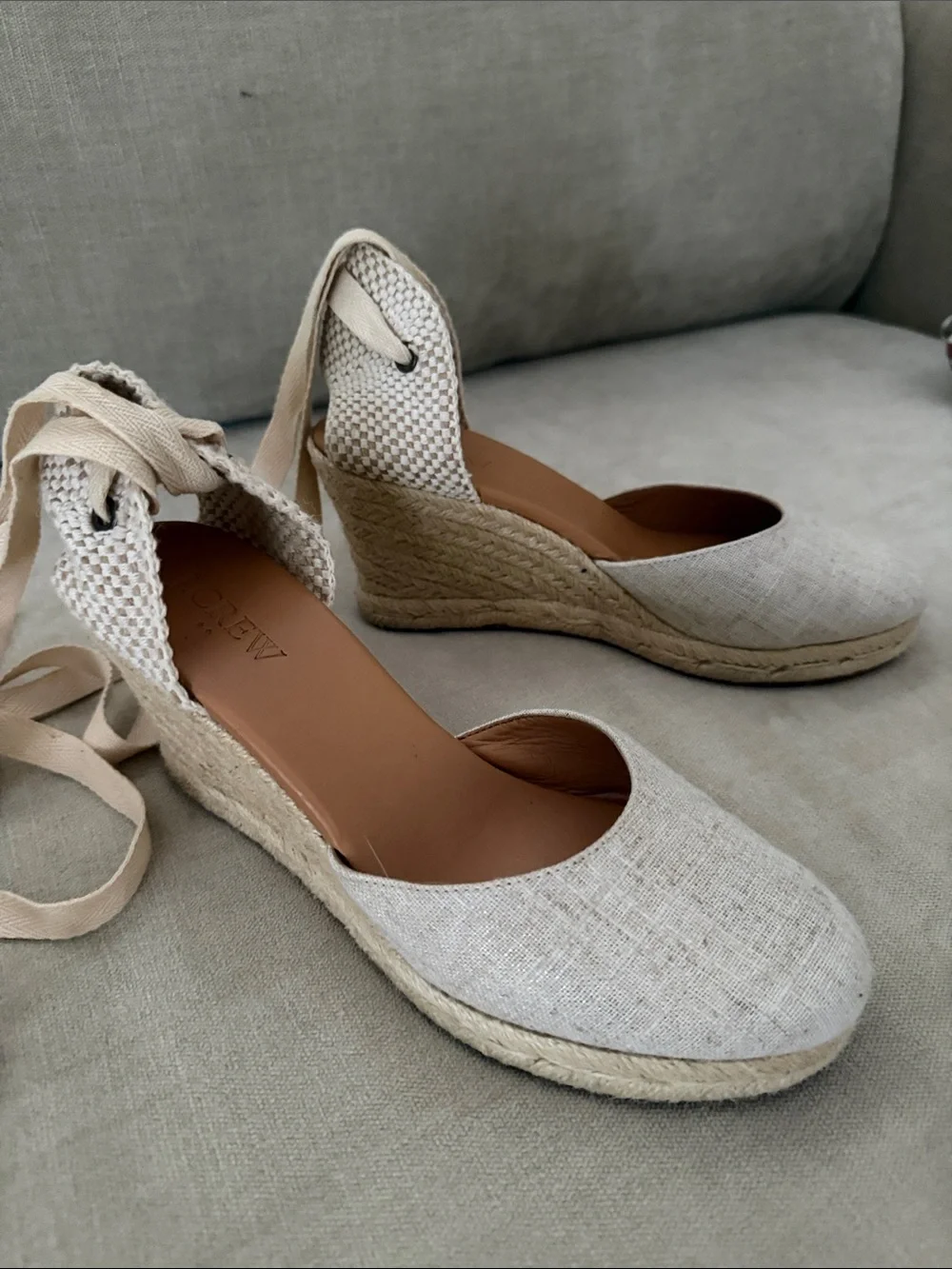 J. Crew Cream Canvas Espadrille Wedge Tie-Ankle Sandals